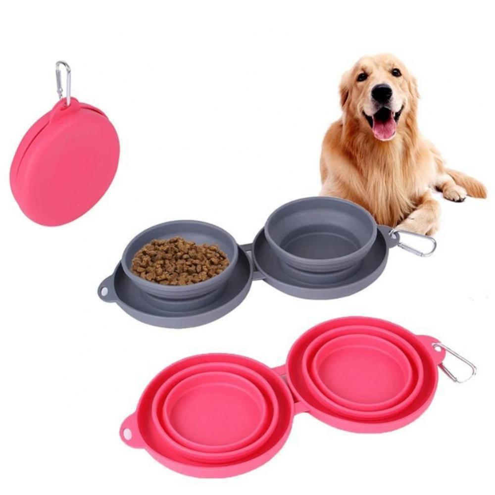 Rubber Foldable Double Bowl for Dogs & Cats – Portable Pet Feeding & Water Bowls with Non-Slip Silicone Mat - woofyluxe
