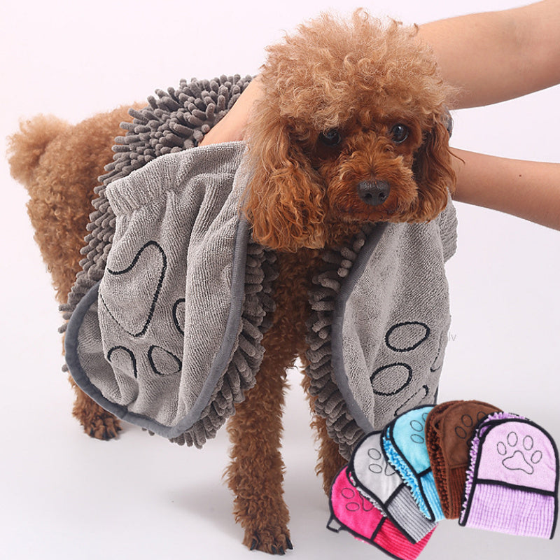 Super Absorbent Microfiber Dog & Cat Bath Towel – Quick Dry Chenille Pet Bathrobe with Double Pockets (62×23cm) - woofyluxe