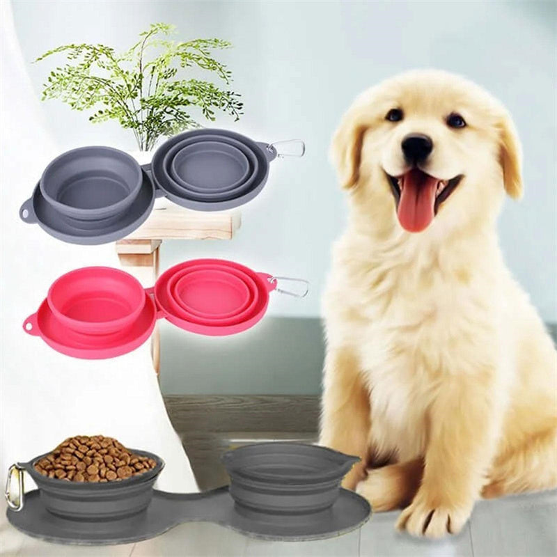 Rubber Foldable Double Bowl for Dogs & Cats – Portable Pet Feeding & Water Bowls with Non-Slip Silicone Mat - woofyluxe