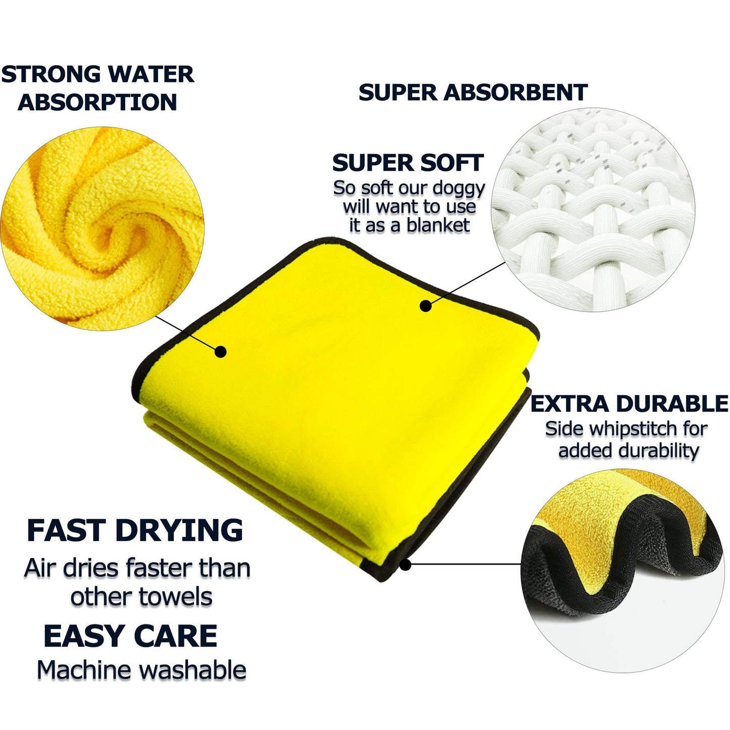 Super Absorbent Dog Drying Towel – Quick-Dry Soft Microfiber Bath Towel for Dogs & Cats, Multiple Sizes (Yellow) - woofyluxe