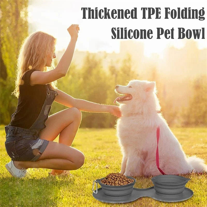 Rubber Foldable Double Bowl for Dogs & Cats – Portable Pet Feeding & Water Bowls with Non-Slip Silicone Mat - woofyluxe