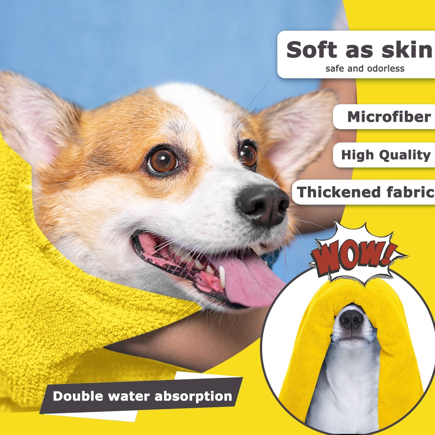 Super Absorbent Dog Drying Towel – Quick-Dry Soft Microfiber Bath Towel for Dogs & Cats, Multiple Sizes (Yellow) - woofyluxe
