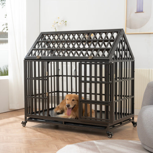 Heavy Duty Dog Kennel Cage with Roof, Windows, Lockable Doors, and Removable Trays – Indoor & Outdoor Use - woofyluxe