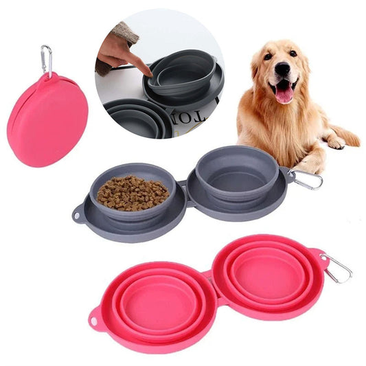 Rubber Foldable Double Bowl for Dogs & Cats – Portable Pet Feeding & Water Bowls with Non-Slip Silicone Mat - woofyluxe